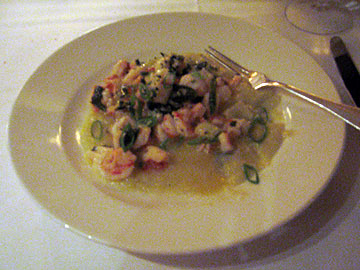 Sweet shrimp over polenta at Del Posto